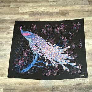 Vintage 70s Leonardi Peacock Tapestry Scarf Black Multicolor Art Print 48x60
